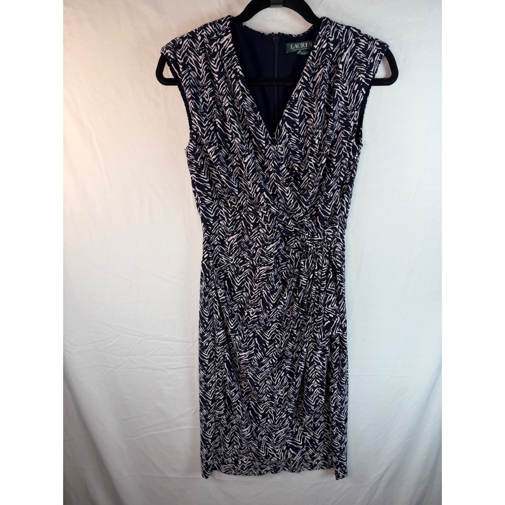 Lauren Ralph Lauren Navy Abstract Print Ruched‎ Faux Wrap Sheath Dress Size 2